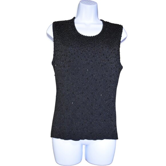 VTG Talk Of The Walk Beaded Sleeveless Sweater Blouse Black Size S M L - Picture 1 of 15